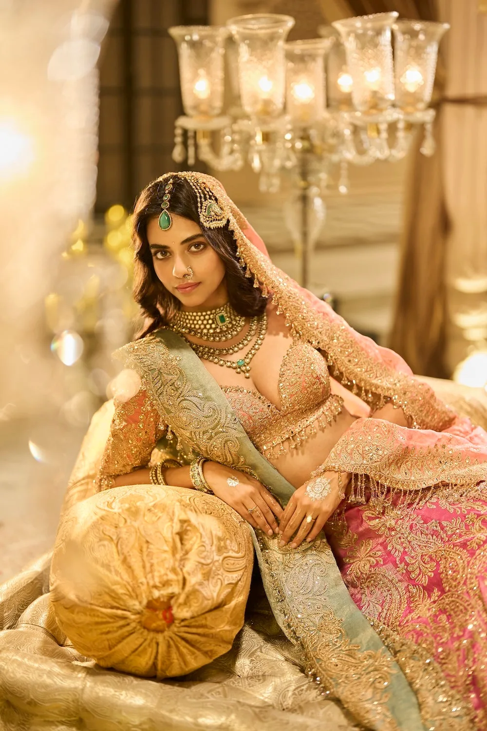 Pink Tissue Lehenga Set by Seema Gujral, pink sari, view 2