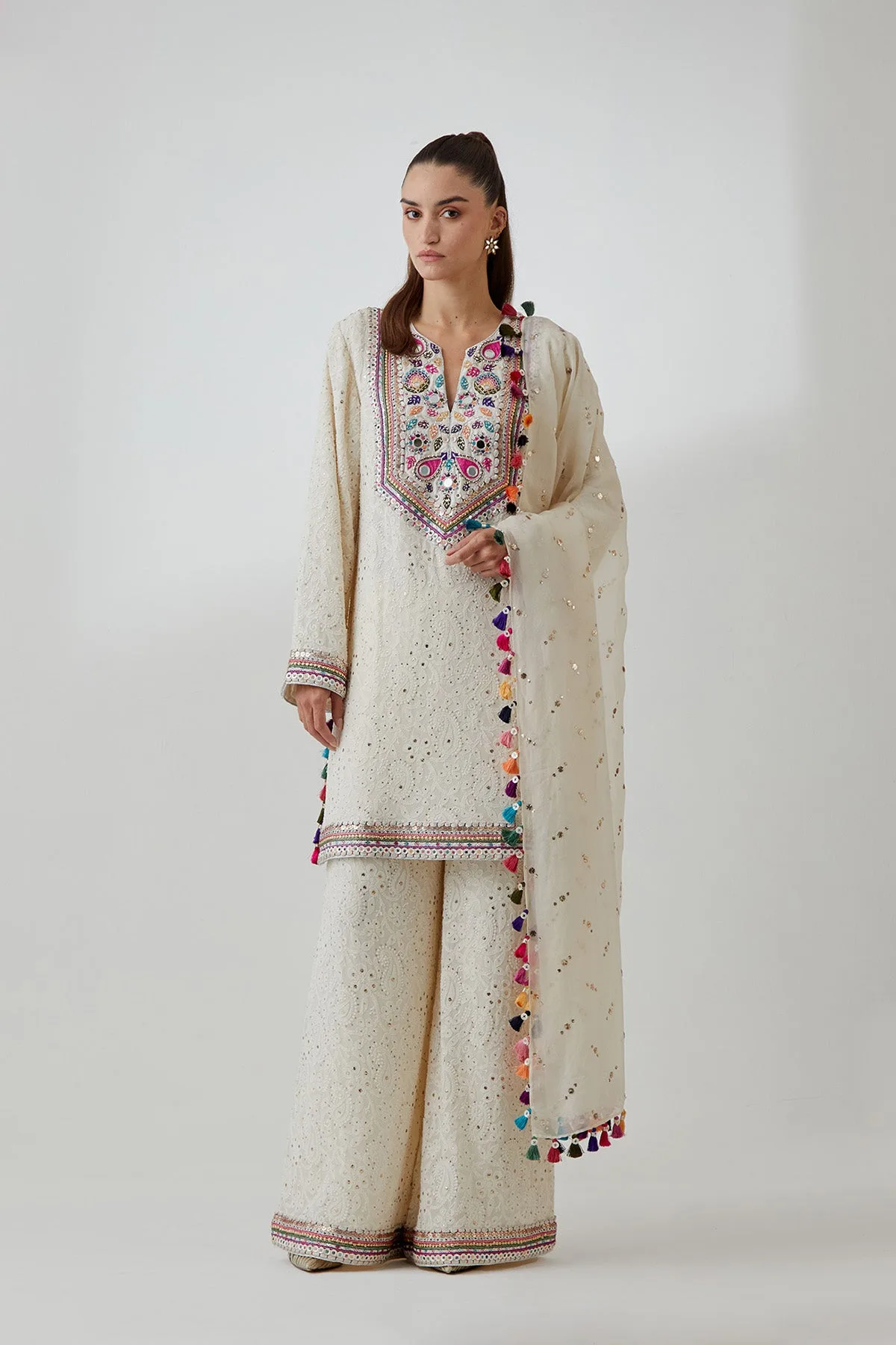 Stone Chikankari Embroidered Kurta With Palazzo And Mukaish Organza Dupatta by Payal Singhal