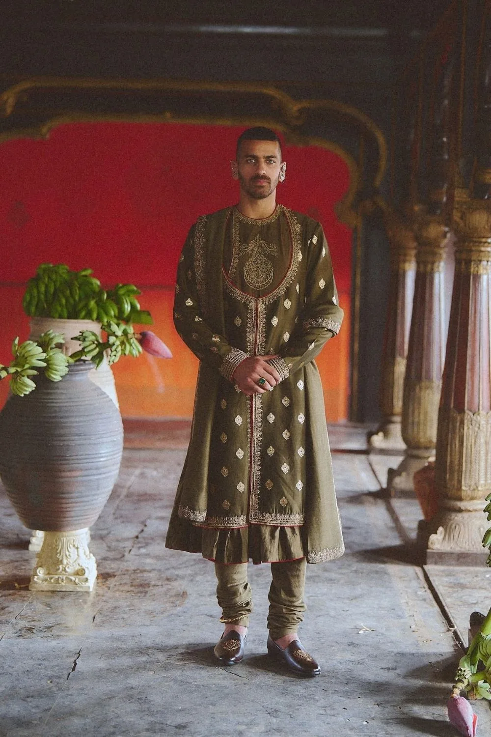 Yagya Angrakha by Jigar Mali, olive sherwani
