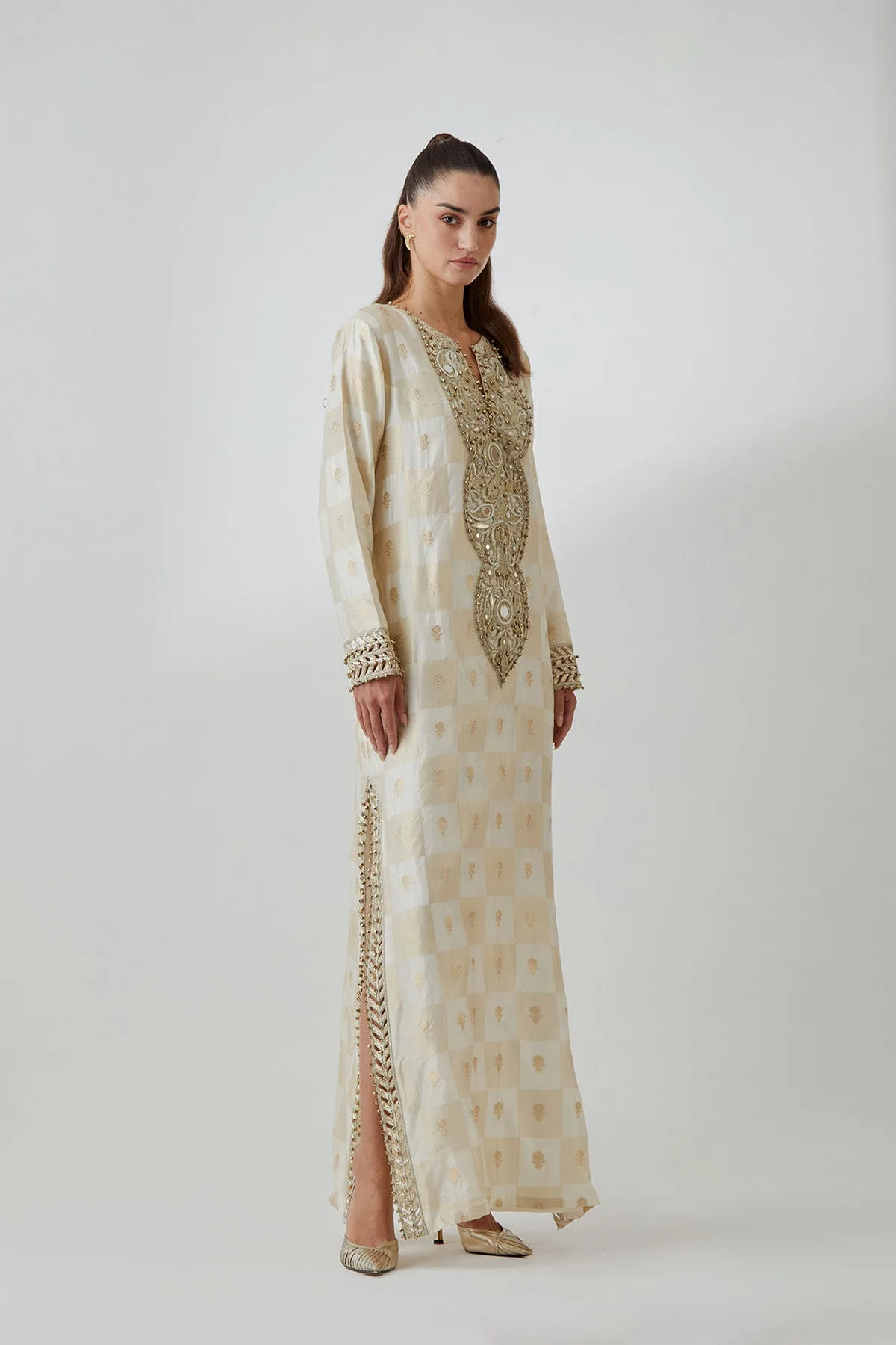 Off-White Brocade Silk Embroidered Long Kaftan by Payal Singhal in off white, view 2