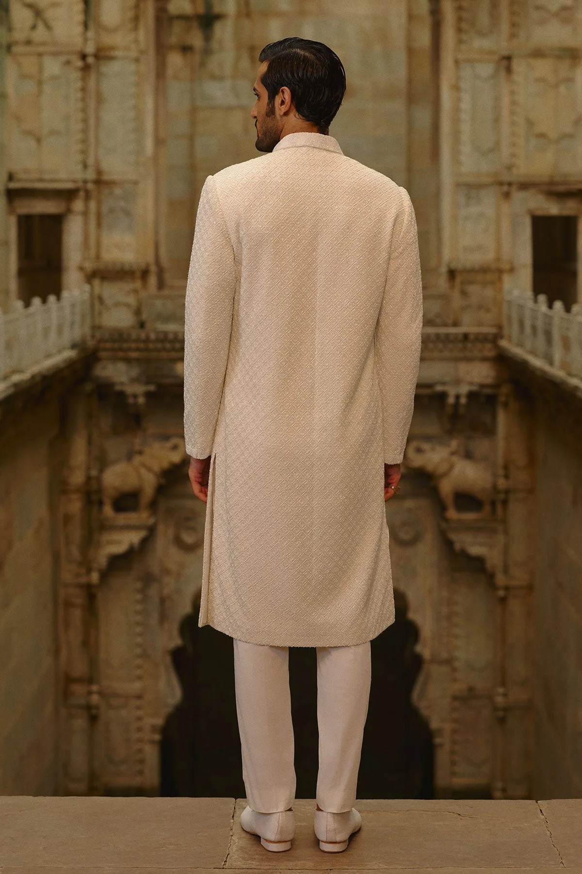 Ivory Geometric Sherwani Set by Nitika Gujral, view 3