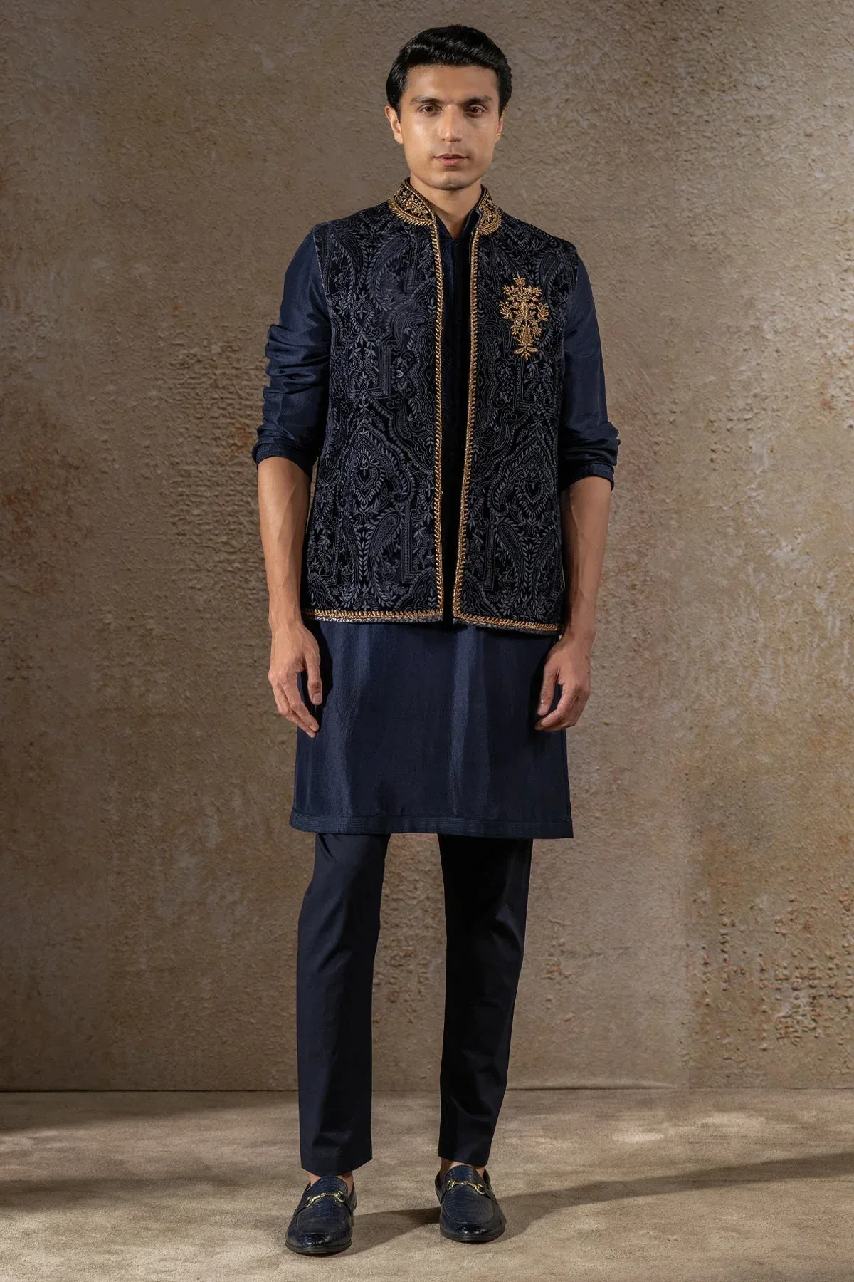 Golden Light Tonal Zardozi Brooch Waistcoat Set by Tarun Tahiliani