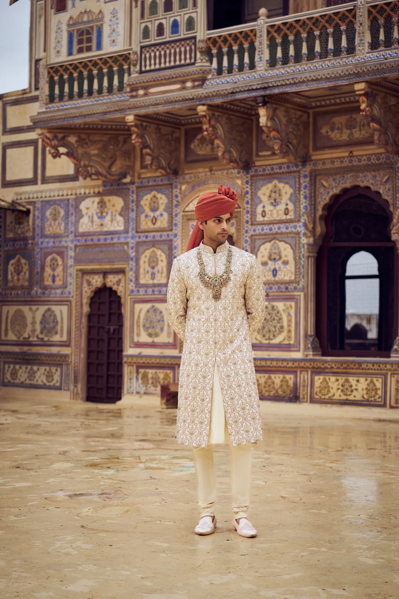 Beige Kasab Sherwani Set by Nitika Gujral