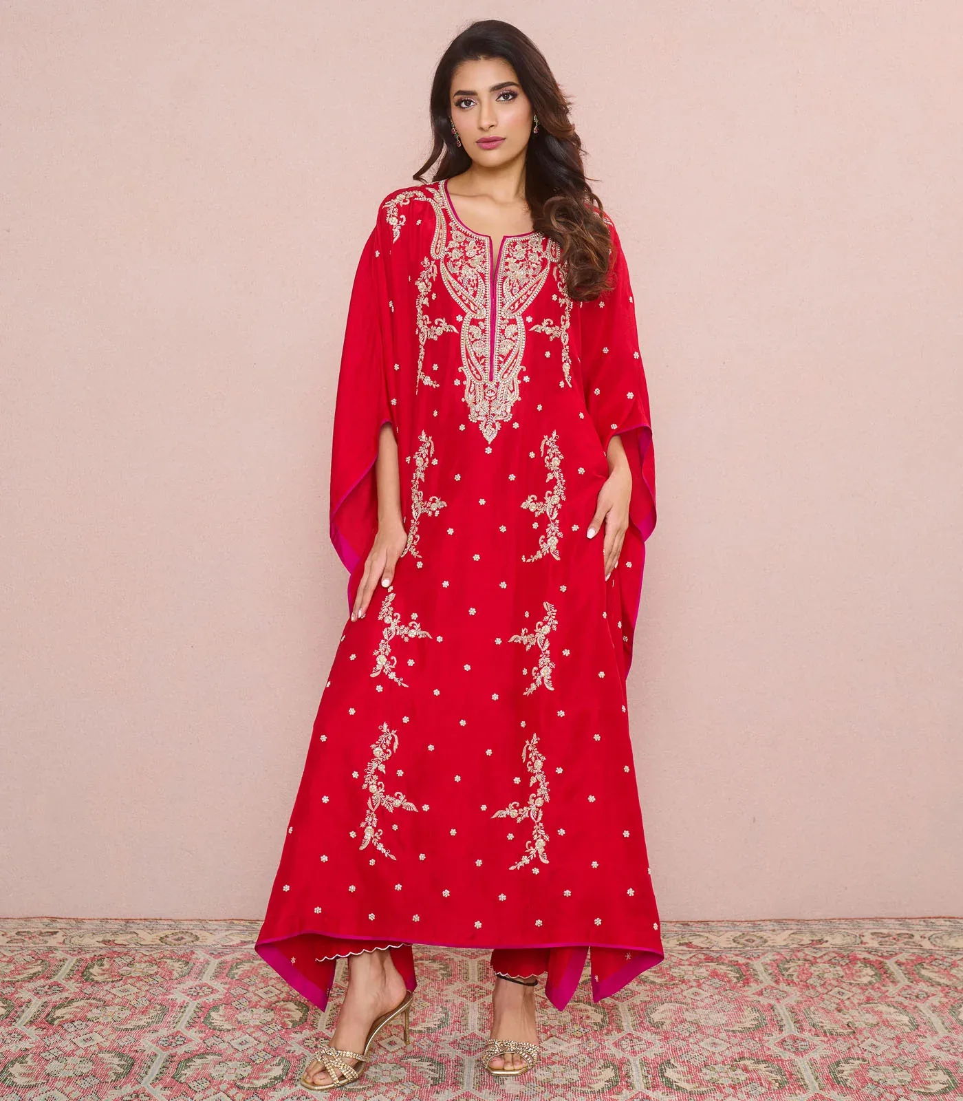Red Flower Line Kaftan Set by Anushree Reddy