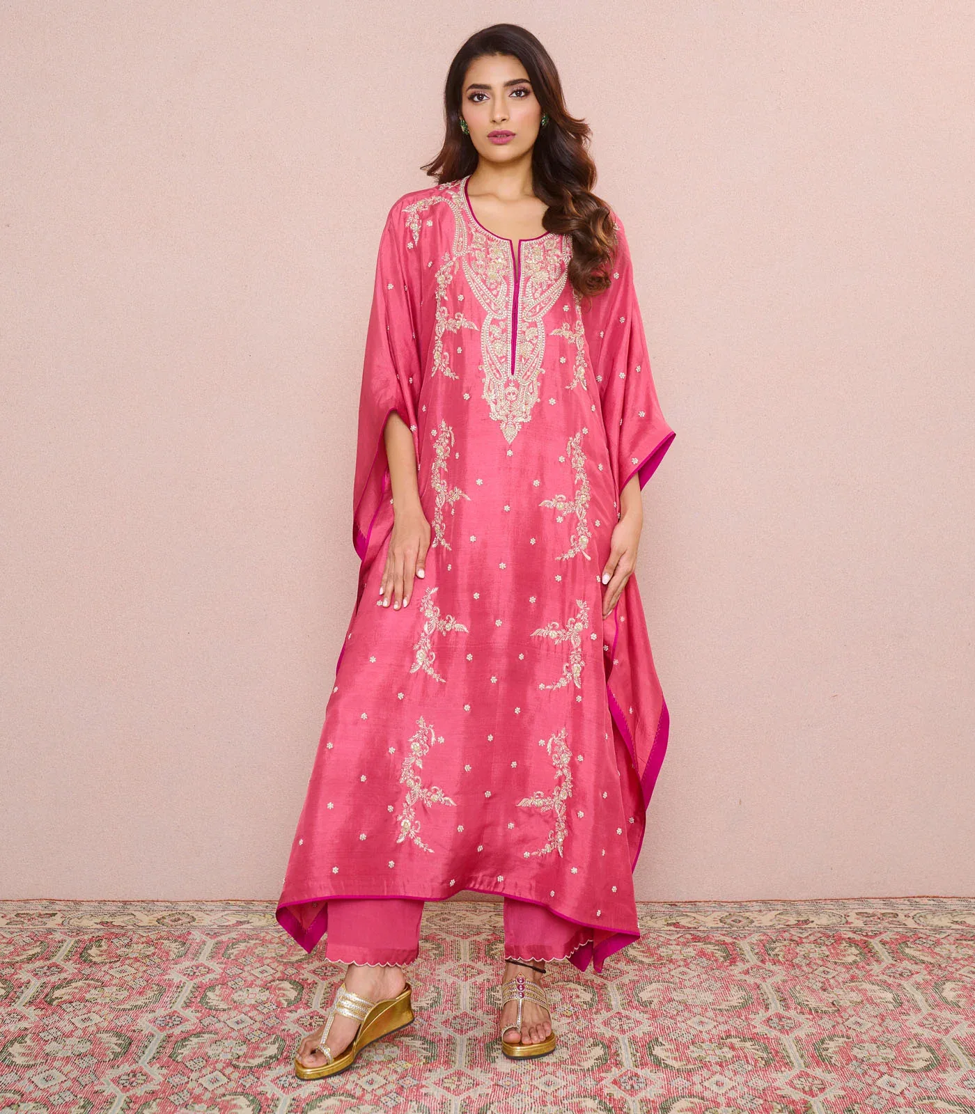 Peach Flower Line Kaftan Set by Anushree Reddy
