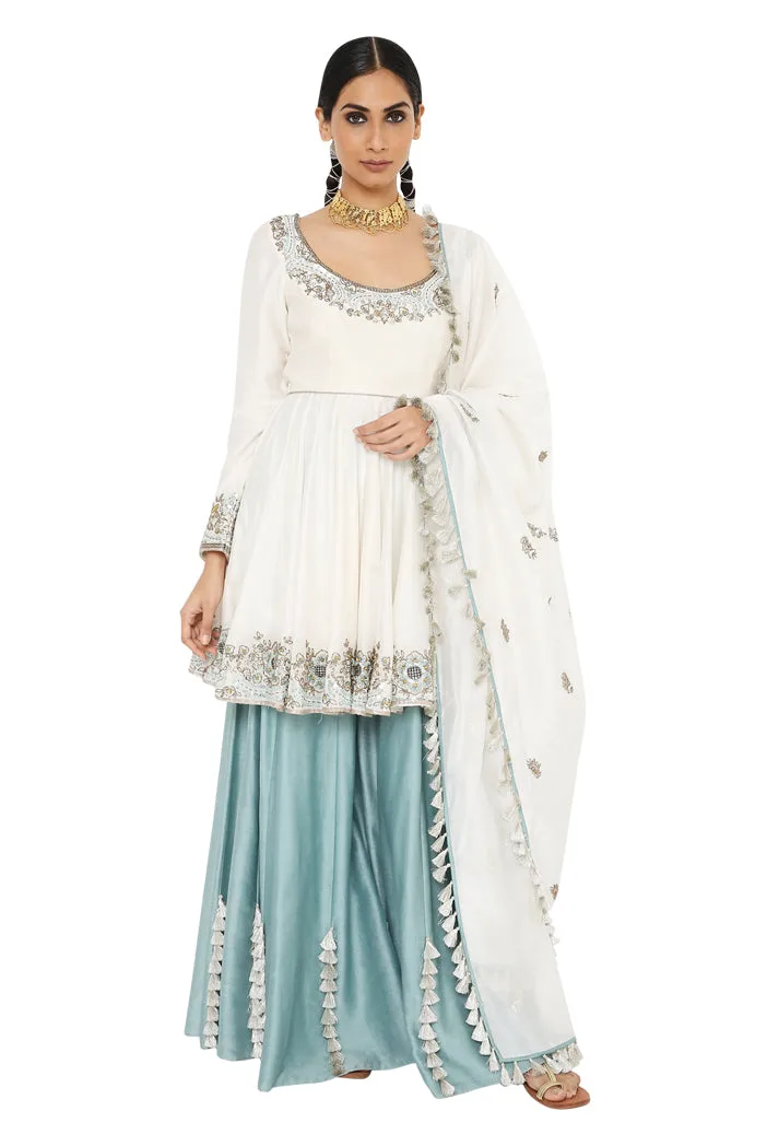 Najma Off White Colour Embroidered Short Anarkali With Blue Colour Sharara And Off White Colour Dupatta by Payal Singhal