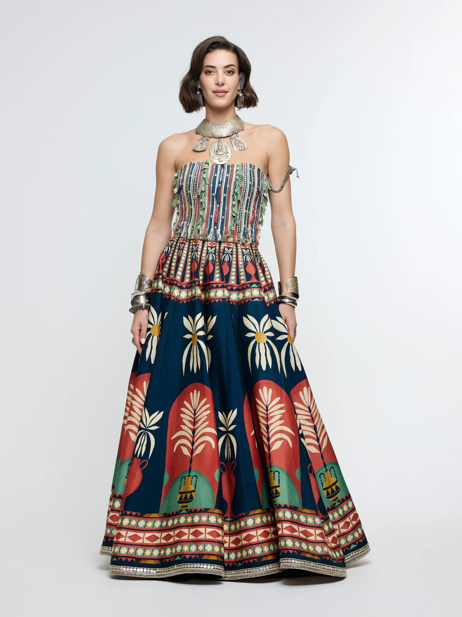Amera Fring Corset Paired with Pot Print Lehenga by SVA
