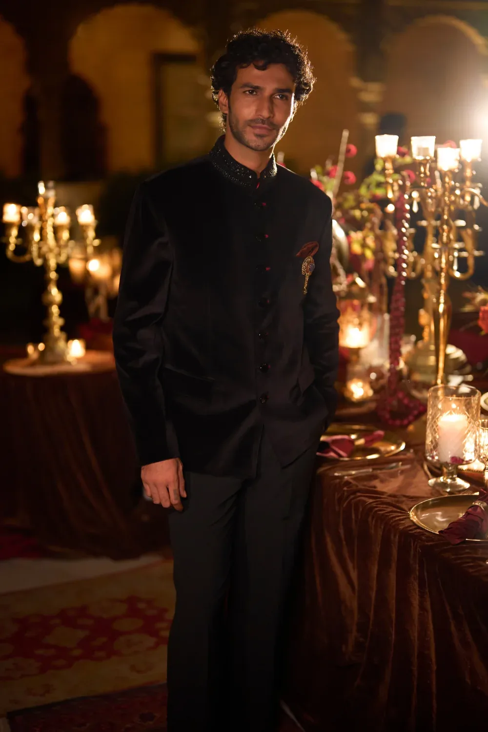 Black Velvet Bandhgala Set by Seema Gujral