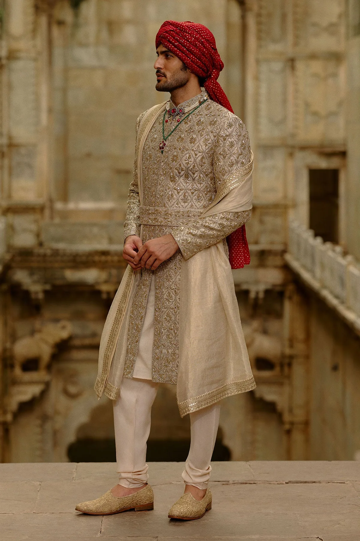 Gold Zardozi Sherwani Set by Nitika Gujral, view 2