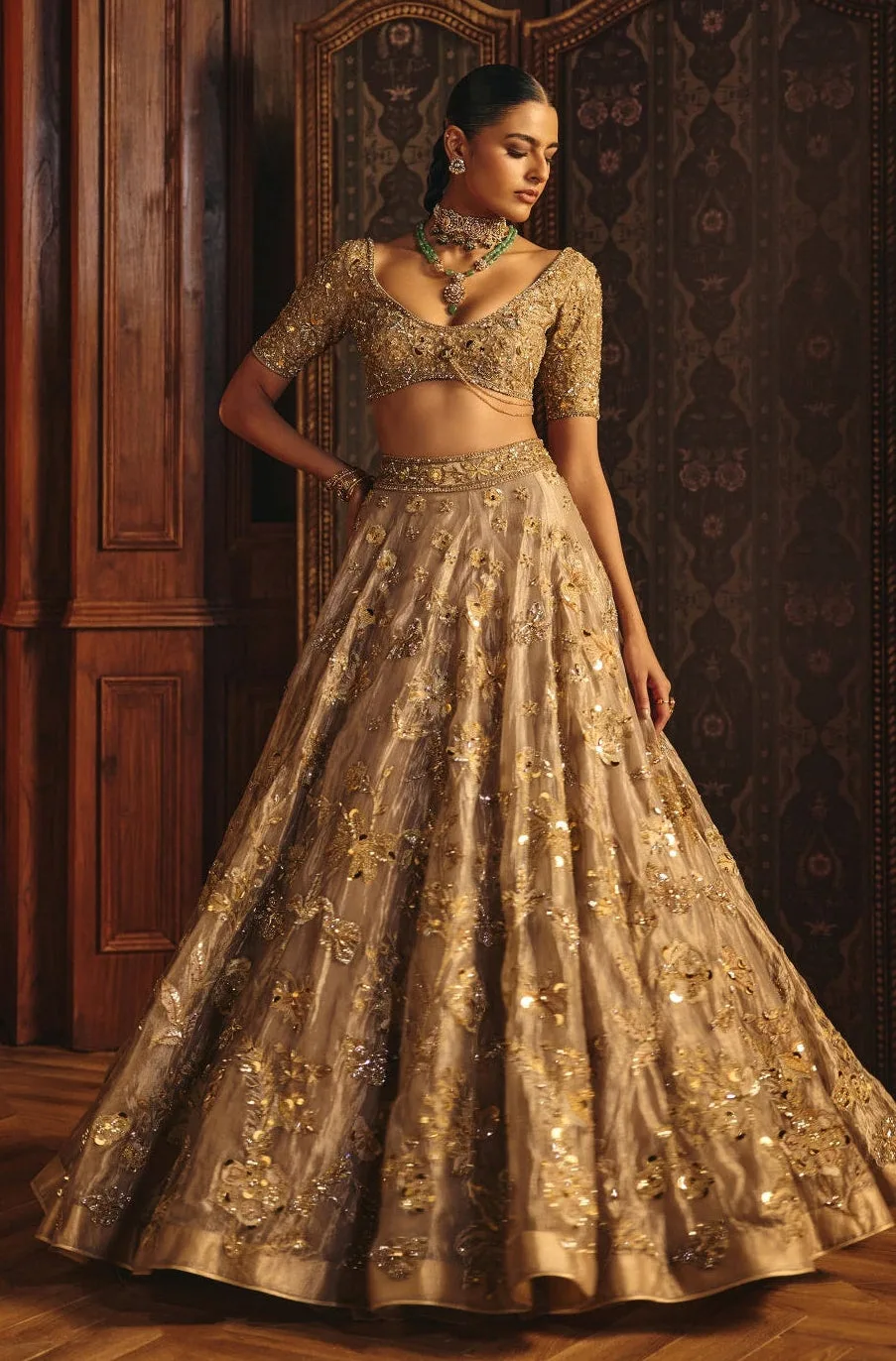 Shazia by Mahima Mahajan, nude lehenga