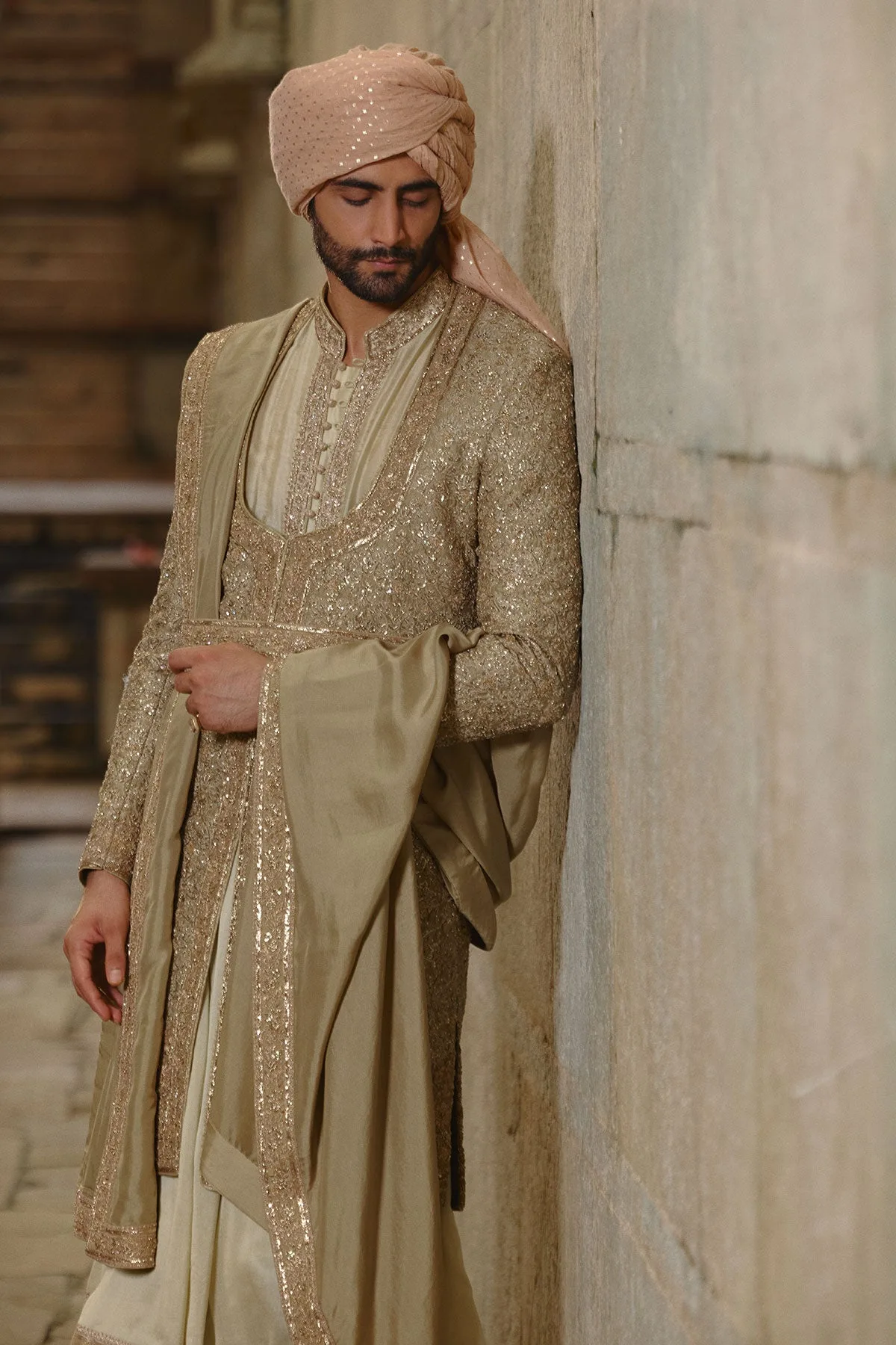 Olive Green Sherwani Set by Nitika Gujral, view 2