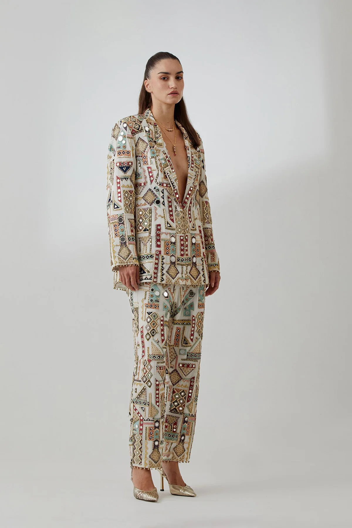 Off-White Georgette Embroidered Jacket With Pants by Payal Singhal, off white co-ord set, view 2