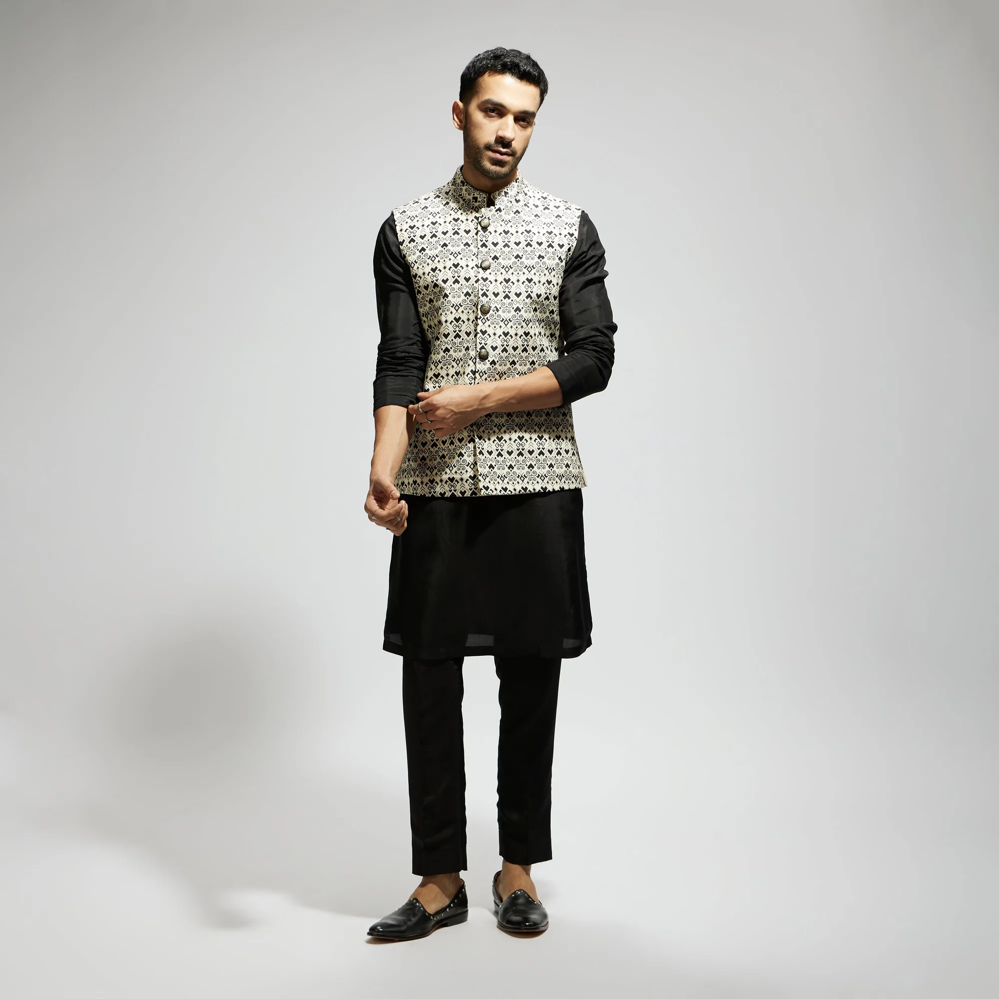 White Geo Printed Reversible Bundi And Black Kurta And Pants by SVA