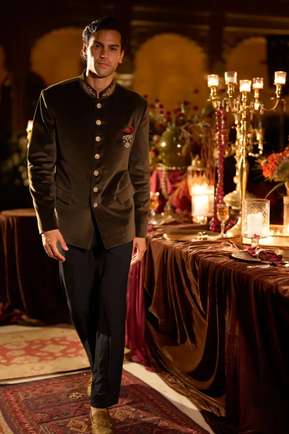 Olive Green Velvet Bandhgala Set by Seema Gujral