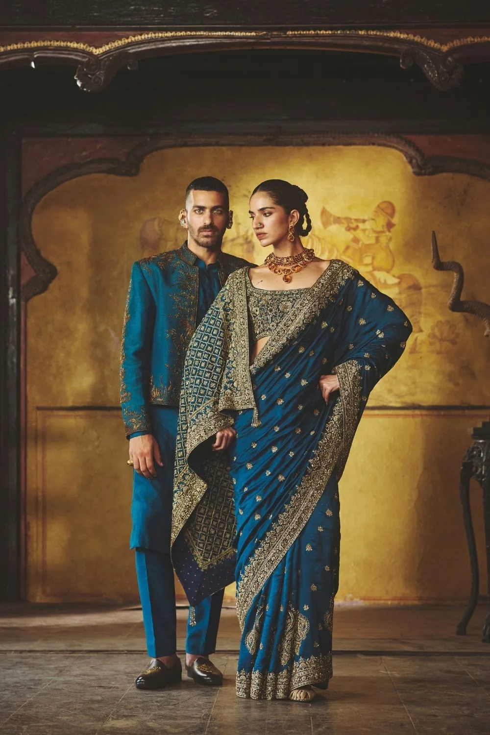 Naivedya Saree by Jigar Mali in teal blue, view 3