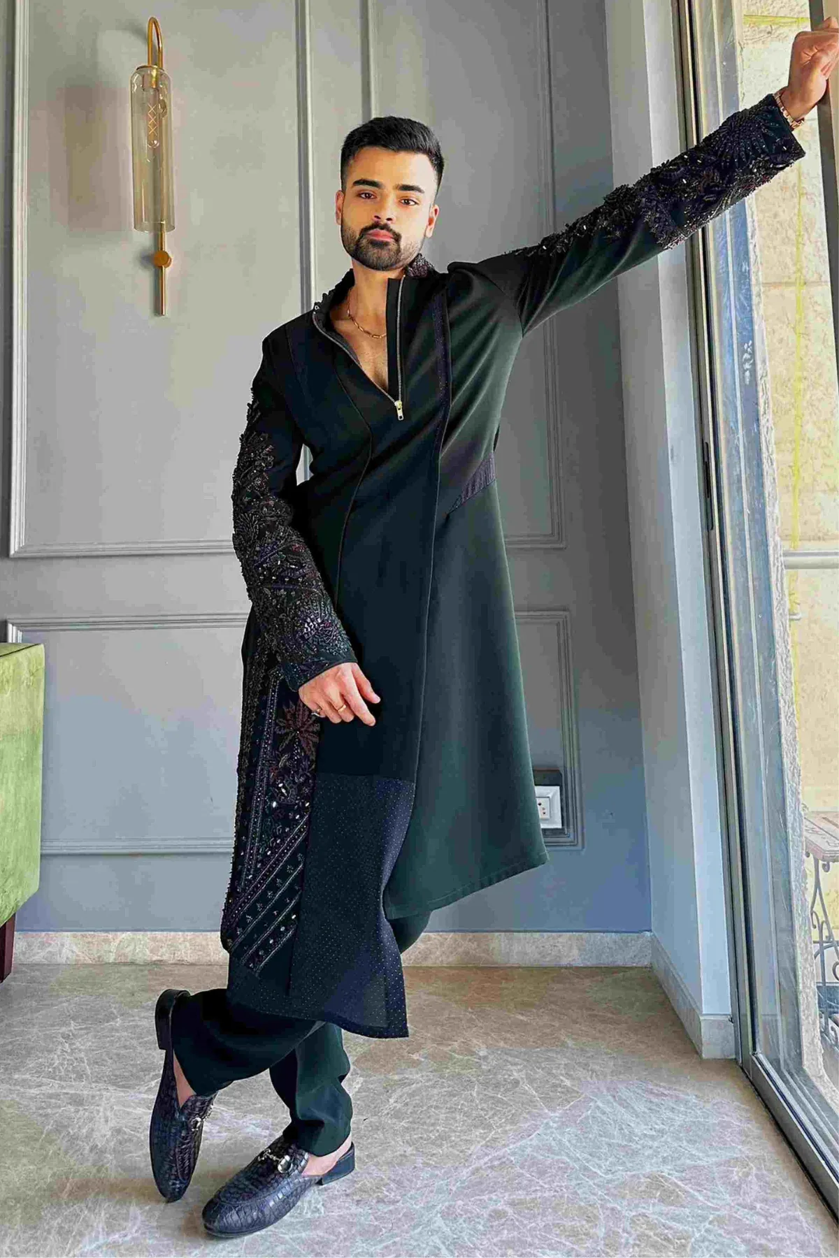 Ankit In Forest Green Leather Embroidery Kurta Set by Sarab Khanijou