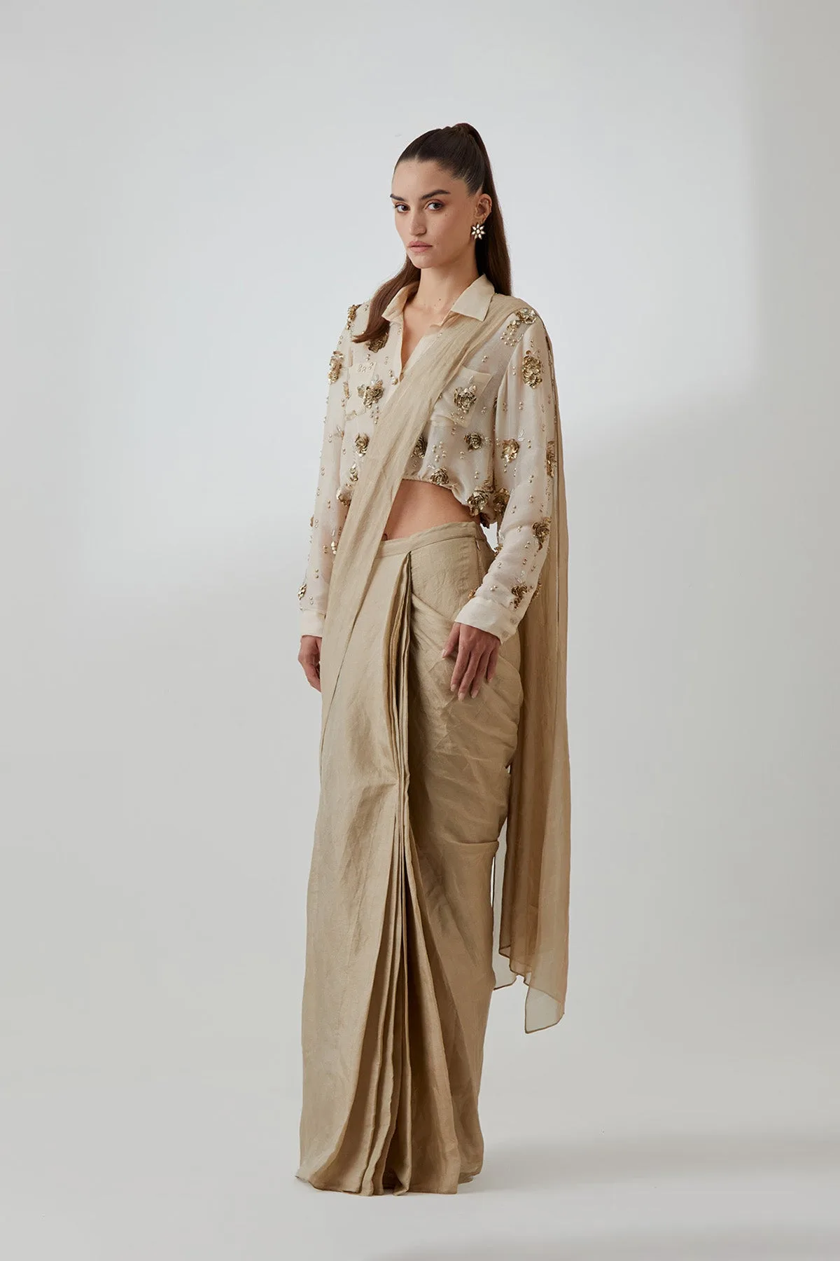 Stone Organza Studded Shirt With a Tissue Knotted Saree by Payal Singhal in gold, view 3