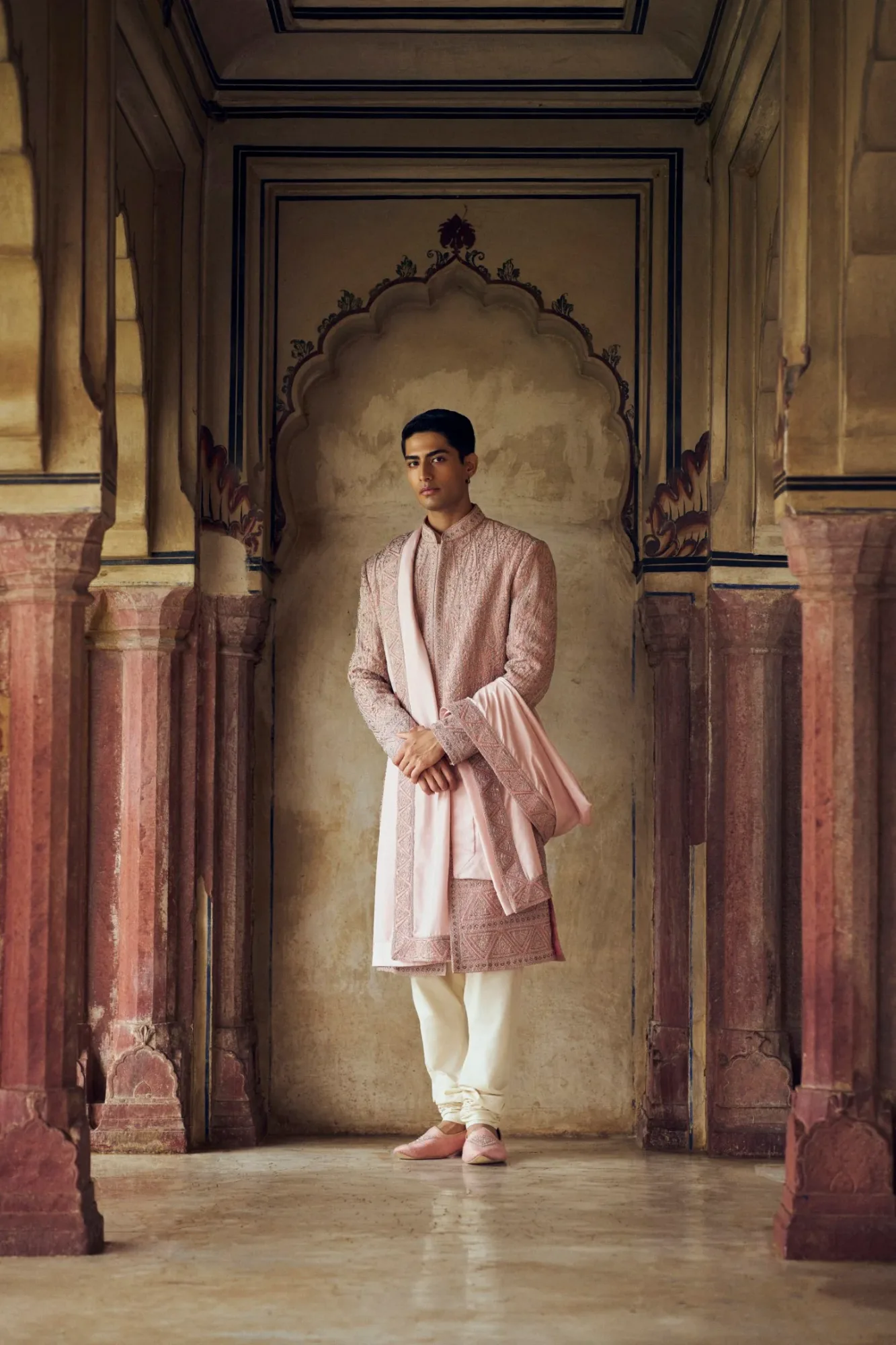 Dusty Rose Pink Sherwani With Kurta And Churidar by Nitika Gujral