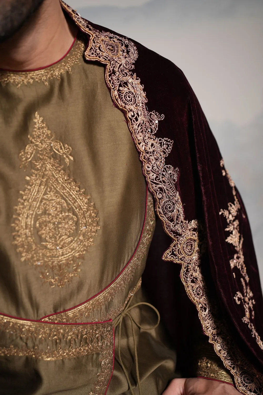 Tejas Angrakha Set by Jigar Mali, olive sherwani, view 4
