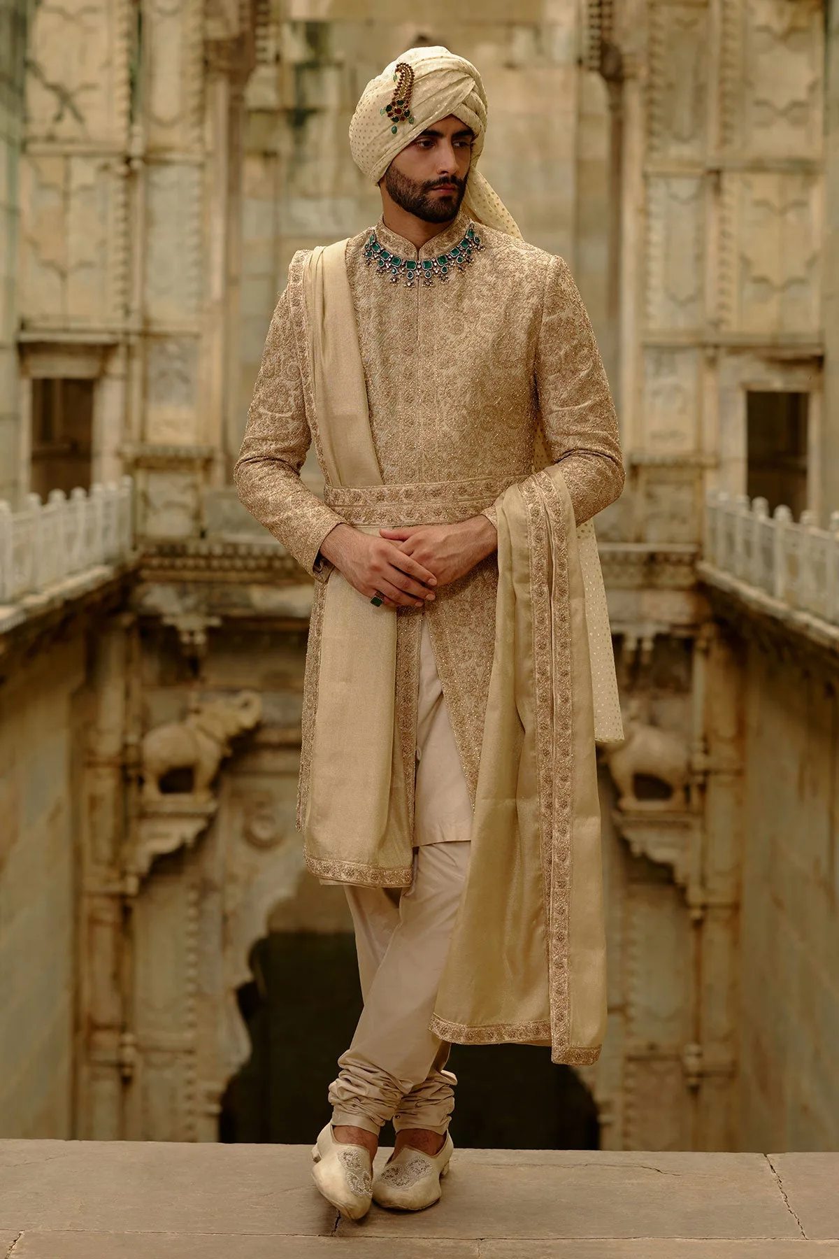 Gold Benarasi Sherwani Set by Nitika Gujral, view 2