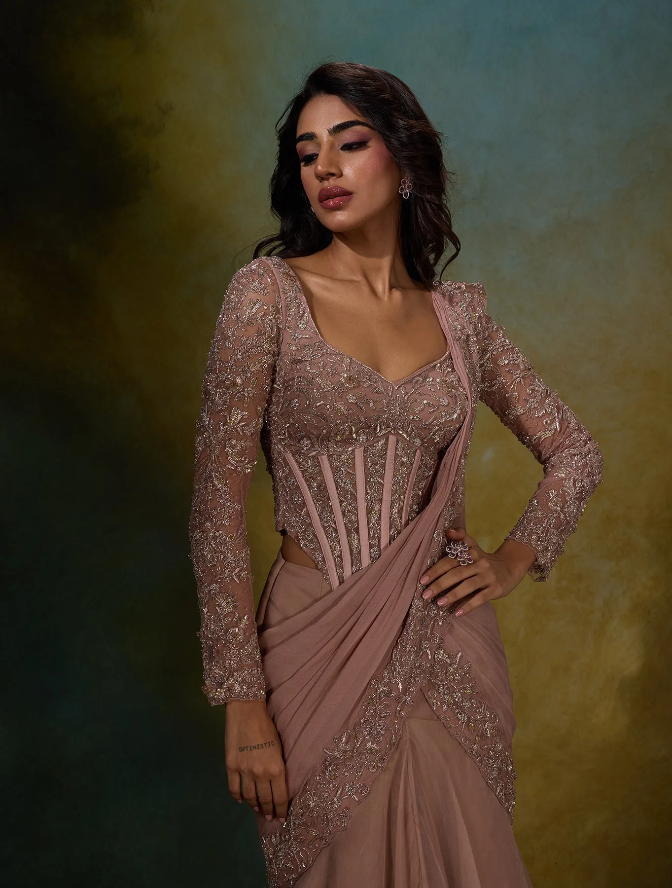 Emilia by Shloka Khialani, champagne lehenga, view 4