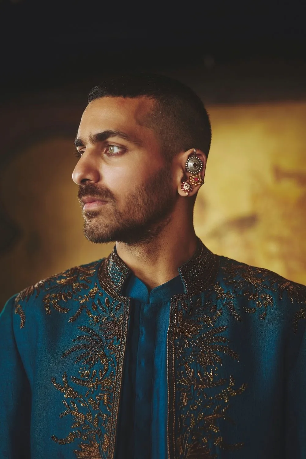 Vratesh Jacket Set by Jigar Mali in teal, view 3