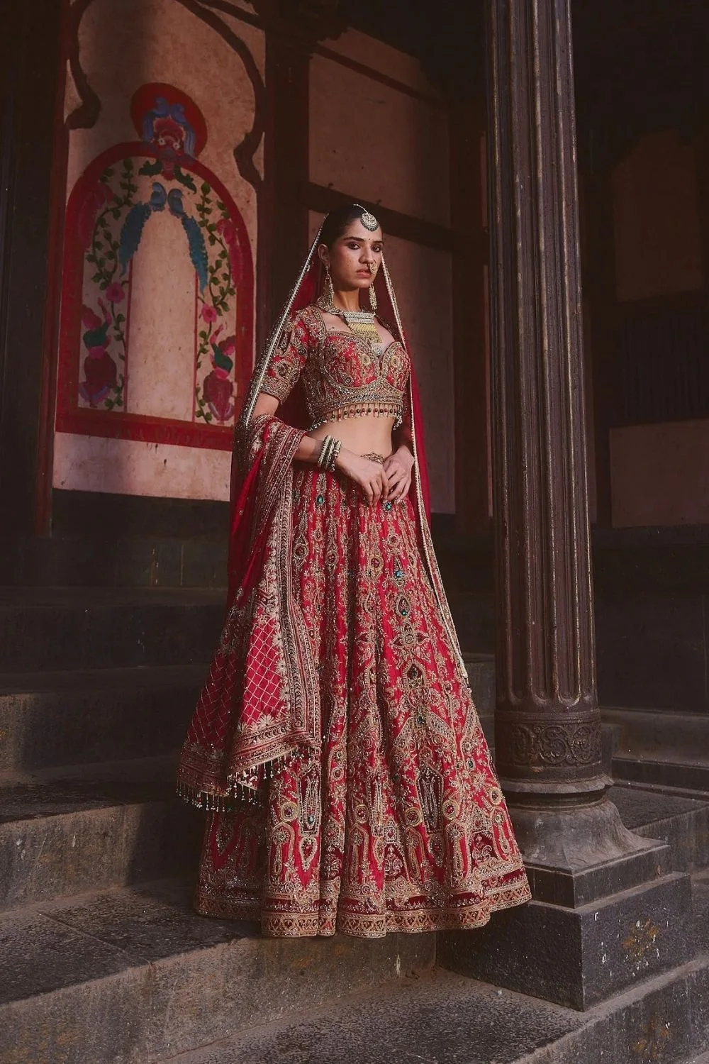Navami Lehenga Set by Jigar Mali in red, view 3