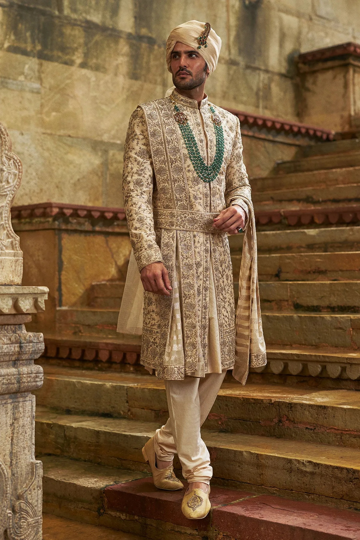 Cream Applique Sherwani Set by Nitika Gujral