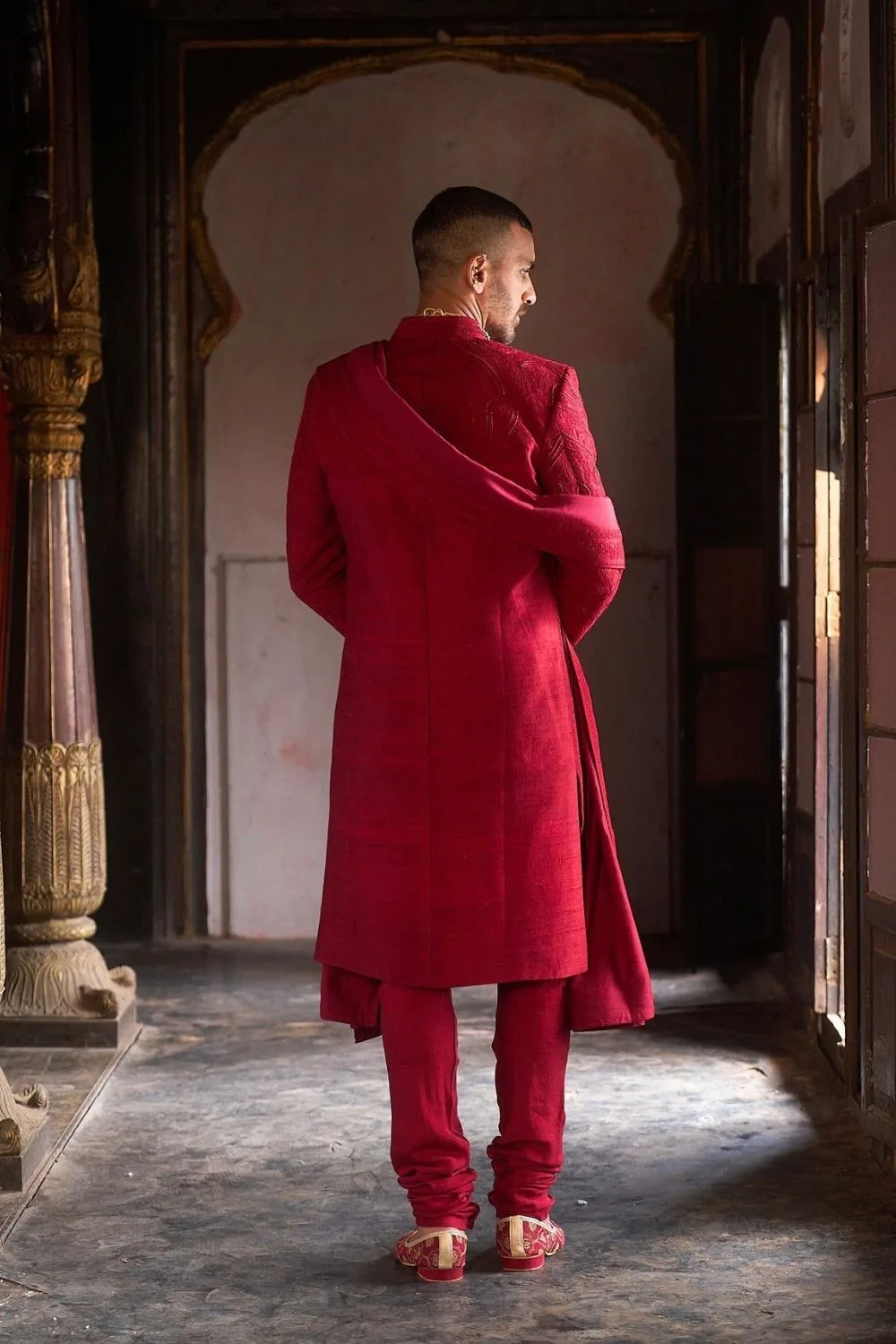 Paavak Sherwani by Jigar Mali in maroon, view 3