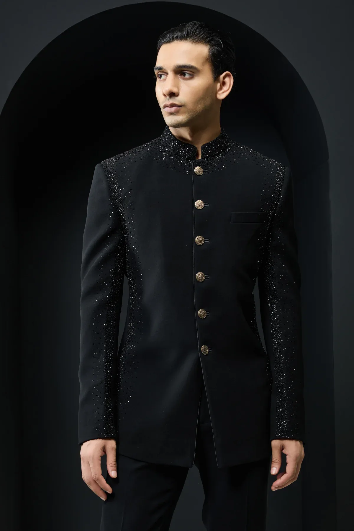 Black Bandhgala highlighted with pearls and sequins by Sarab Khanijou