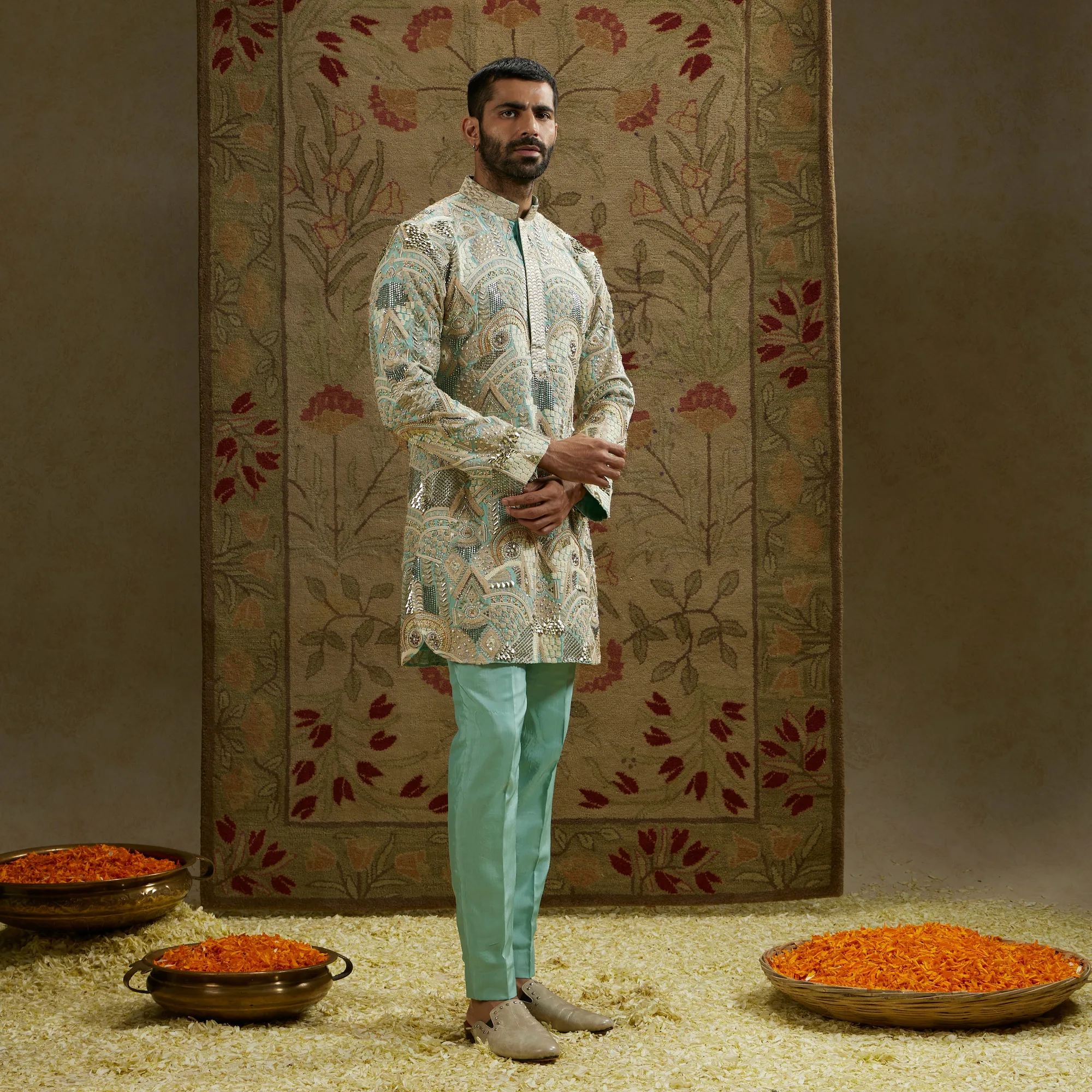 Teal Blue Embellished Kurta Set by SVA