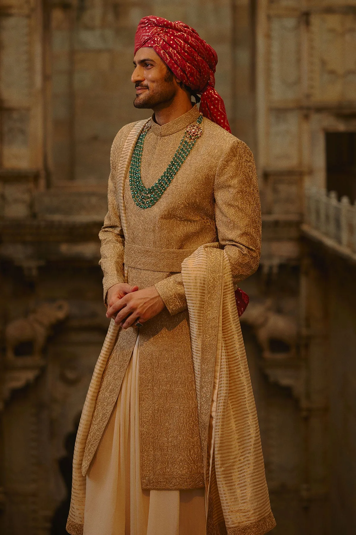 Salmon Pink Sherwani Set by Nitika Gujral, view 2