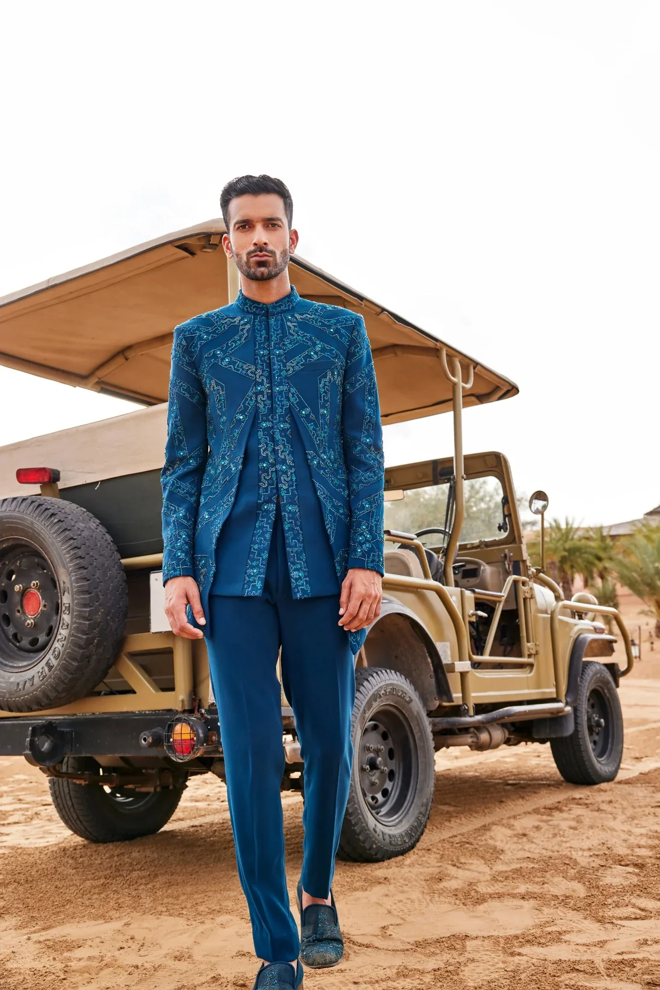 Teal Blue Front Open Style Bandhgala Set by Sarab Khanijou
