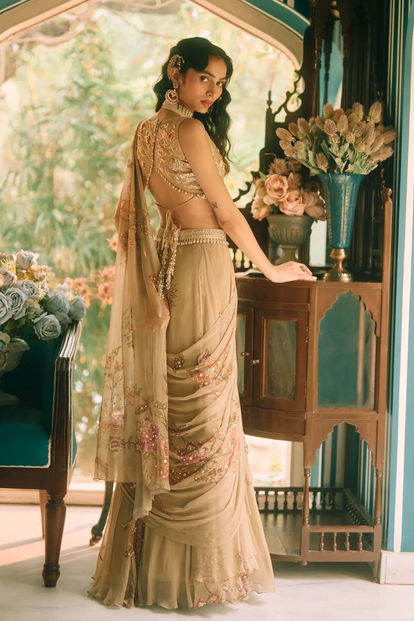 Beryl Saree Set by Paulmi And Harsh in olive, view 2