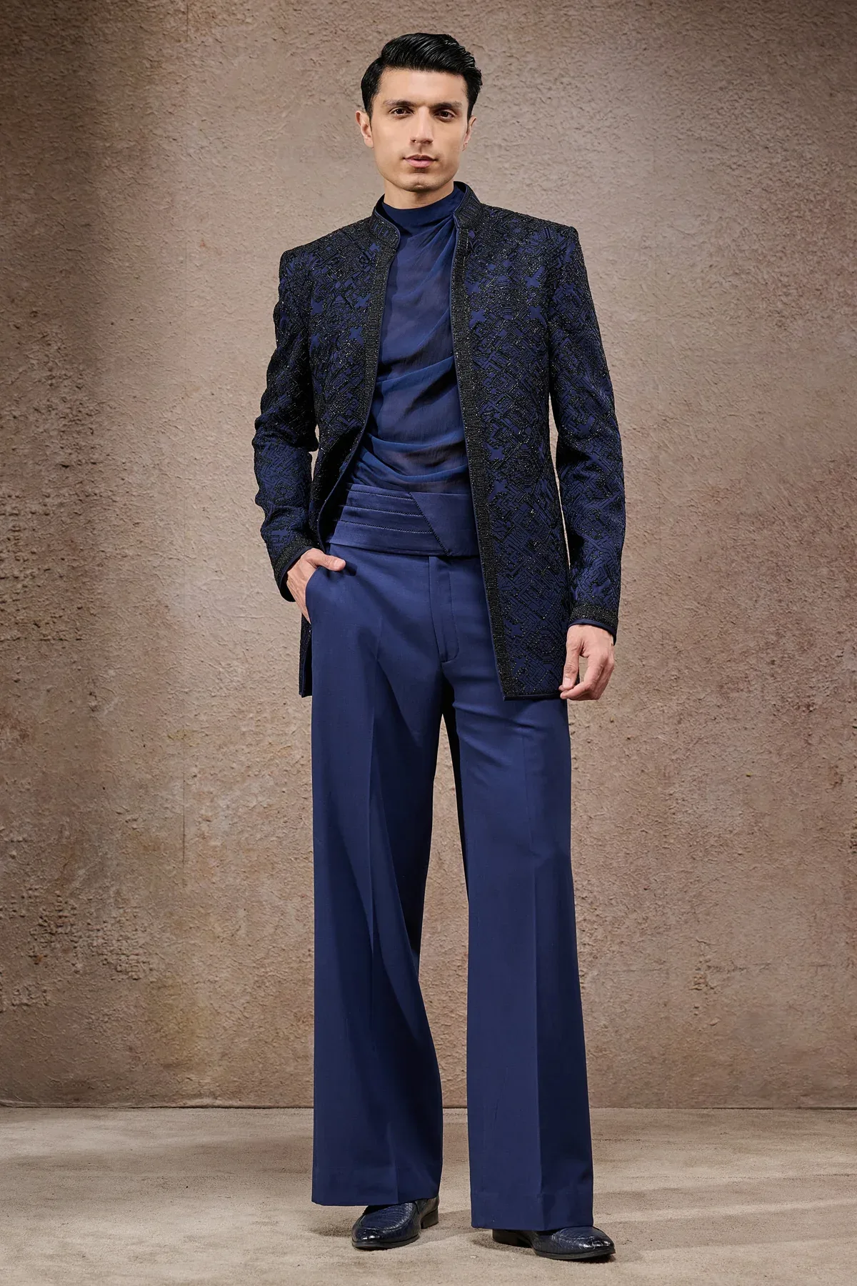 Golden Light Abstract Embroidered Tonal Bandhgala Set by Tarun Tahiliani
