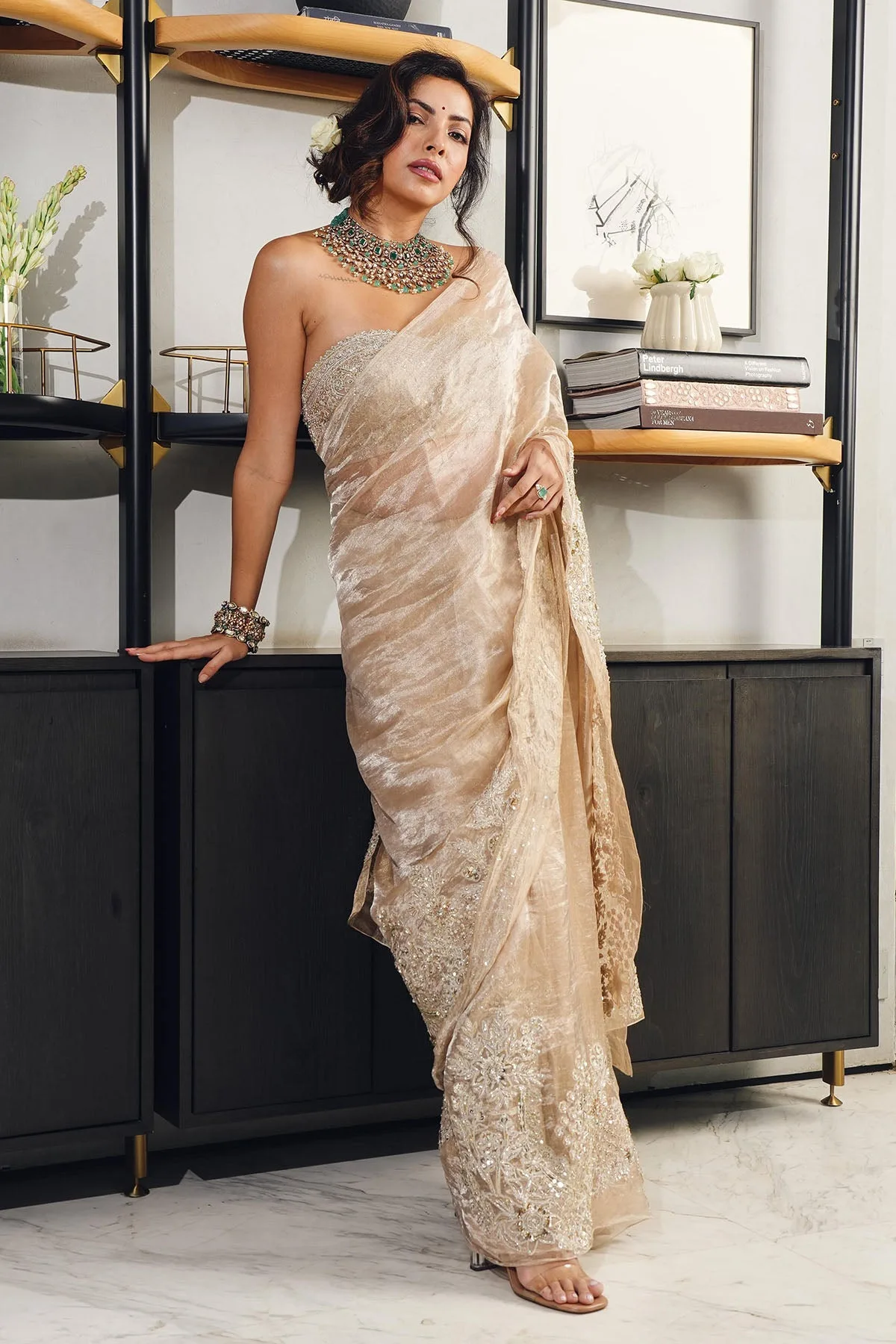 Antara Motiwal Marwah In Ratan Saree Set by Ridhi Mehra in gold, view 3