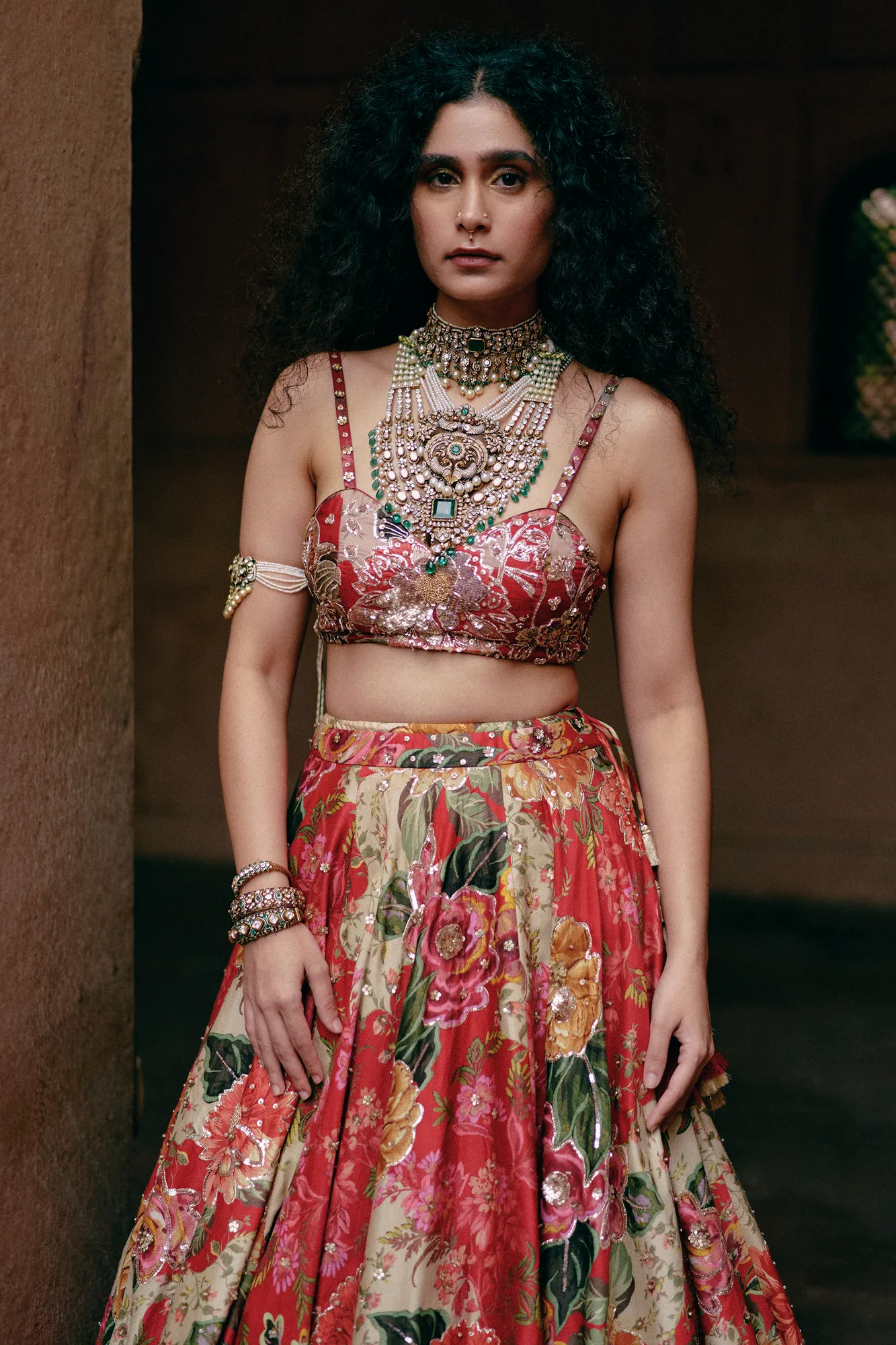 Noa Lehenga Set by Paulmi And Harsh in red, view 2