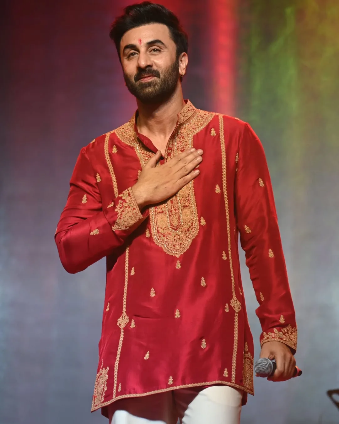 Ranbir Kapoor in Abeer Kashidakari Kurta Set by Dolly J in red