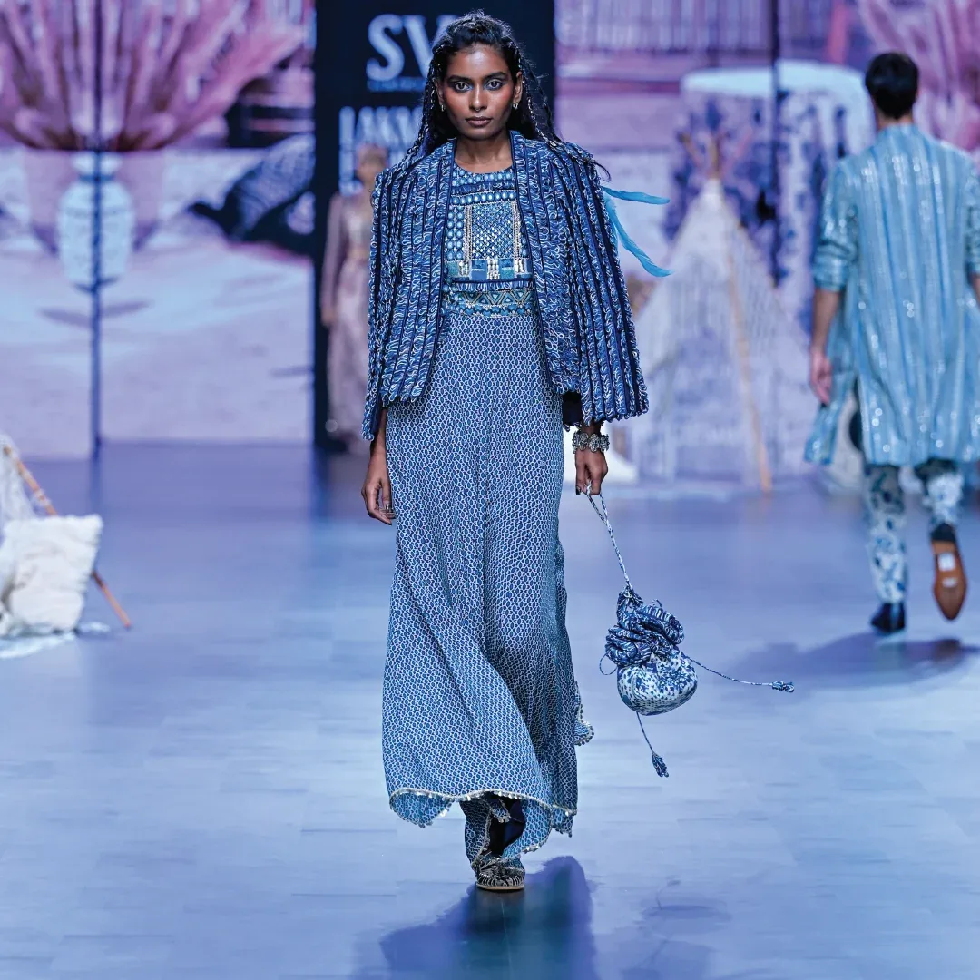 Blue Geometric Print Jumpsuit with Blue Textured Noor Jacket by SVA