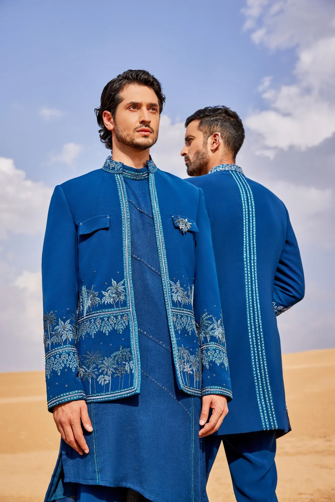 Indigo Blue Open Bandhgala Set by Sarab Khanijou
