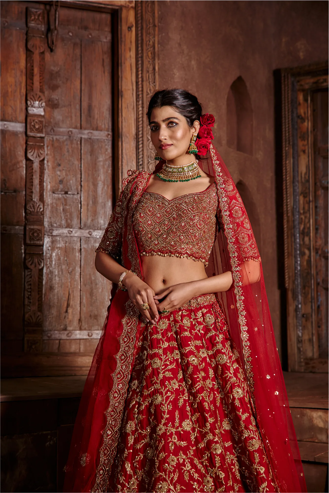 Red Raw Silk Lehenga Set by Nitika Gujral, view 4