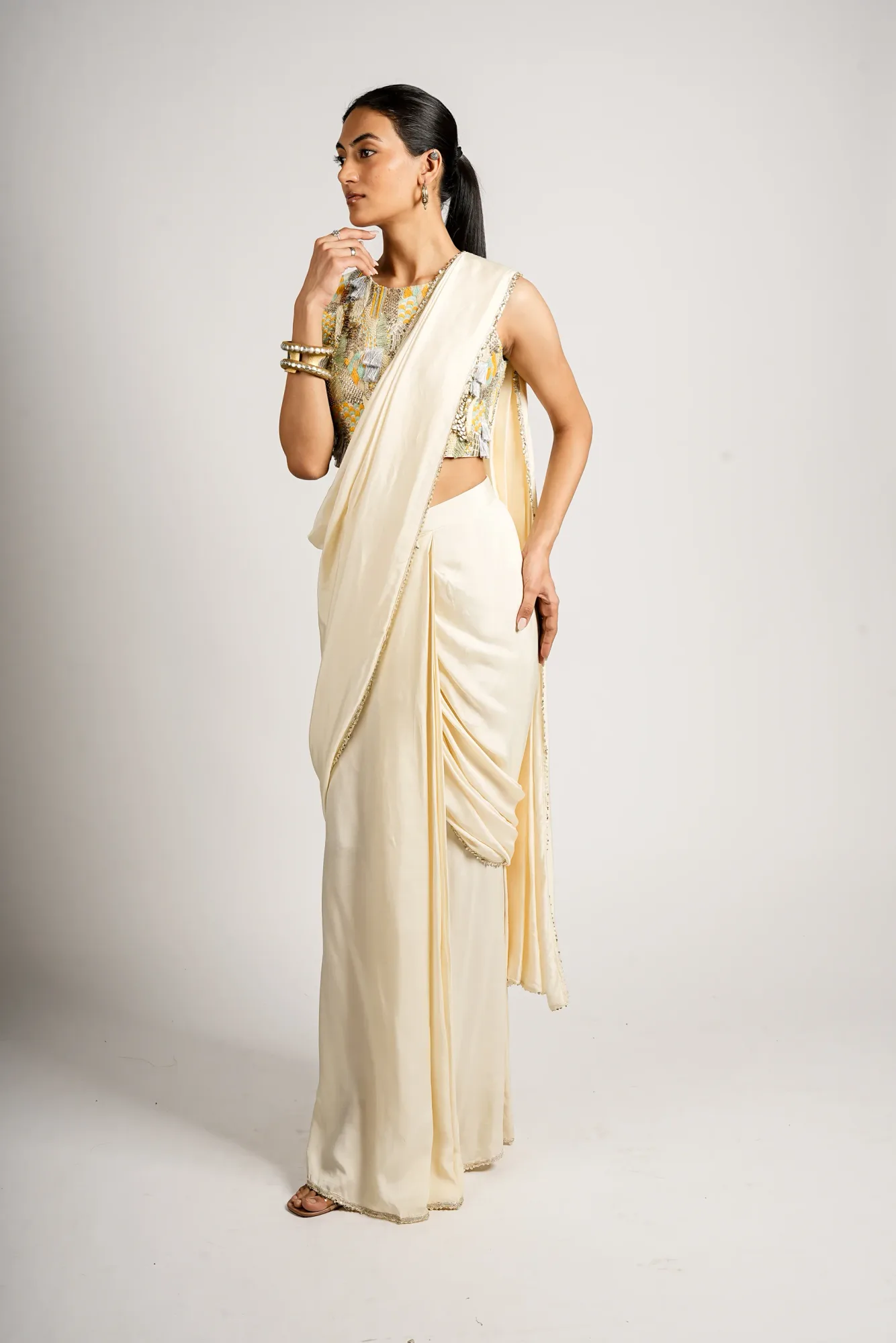 Iraya Abstract Embellished Blouse with Ivory Saree by SVA