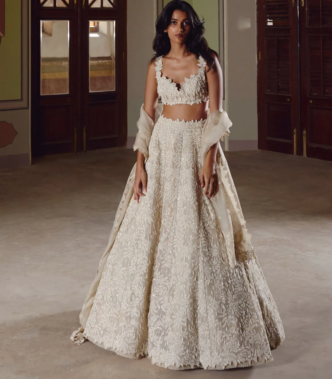 Ivory New Athena Tassels Lehenga Set by Anushree Reddy