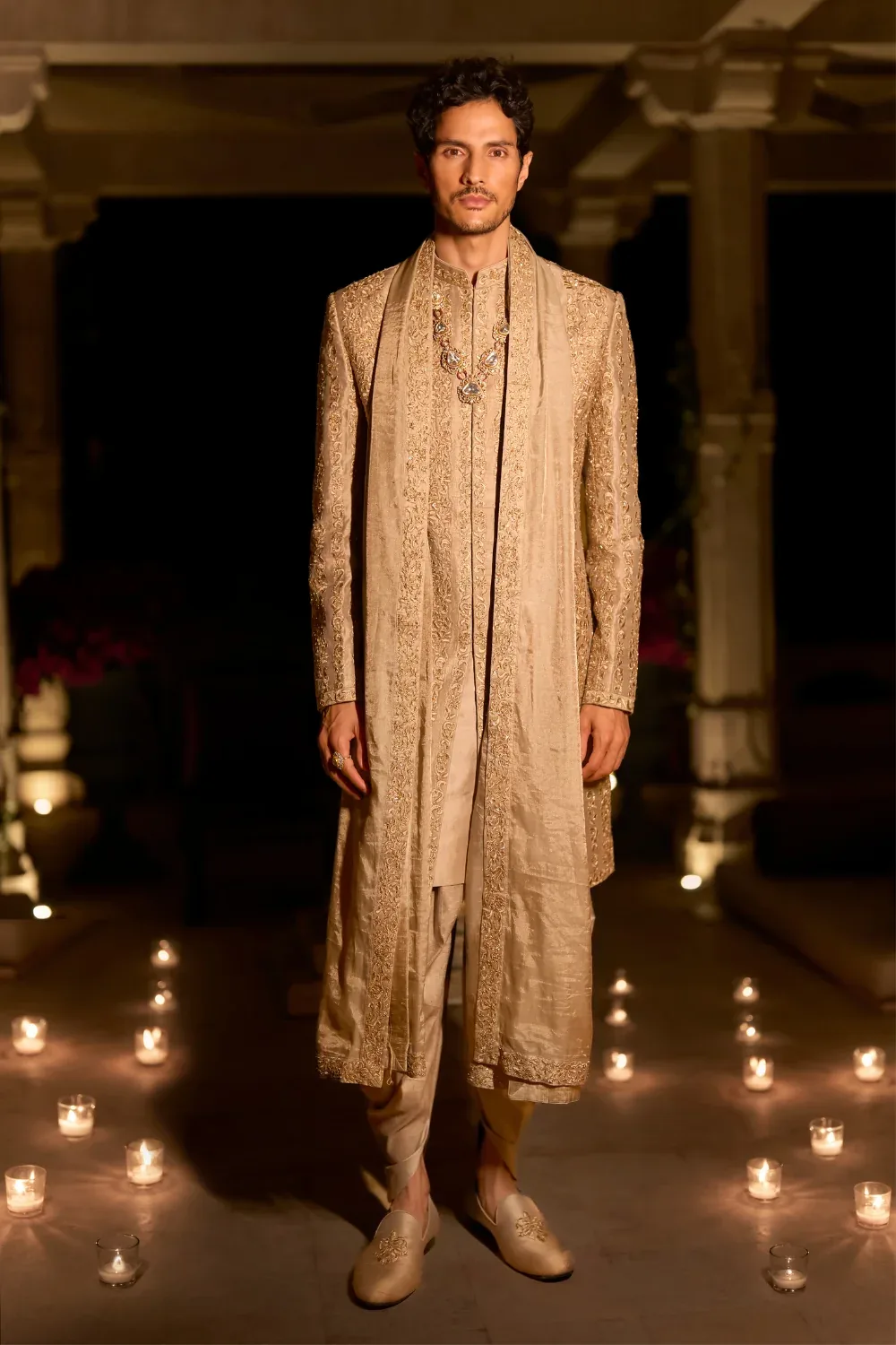 Champagne Gold Sherwani Set by Seema Gujral