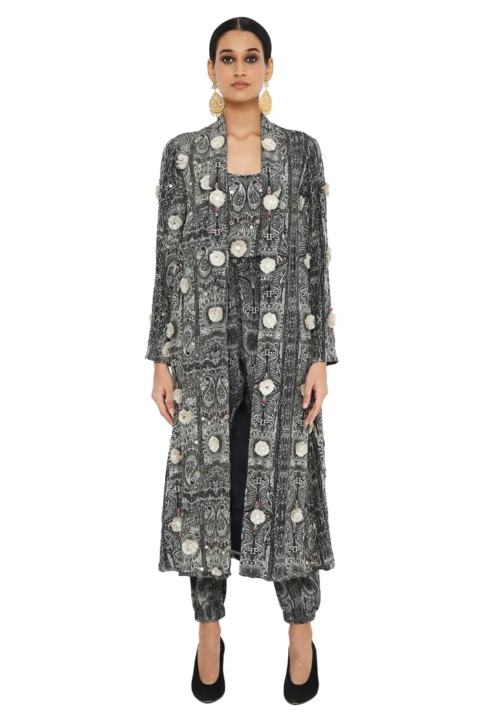 Asma Printed Long Blazer Jacket with Camisole and Jogger Pants by Payal Singhal