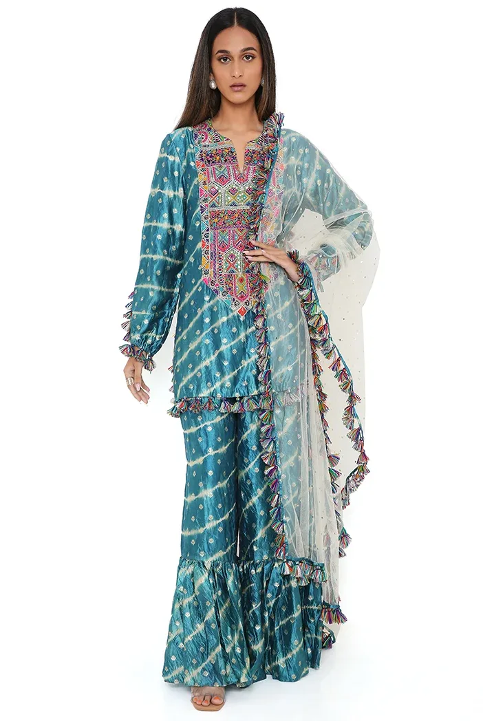 Aqua Silk Bandhani Leheriya Kurta and Sharara with Stone Mukaish Net Dupatta by Payal Singhal