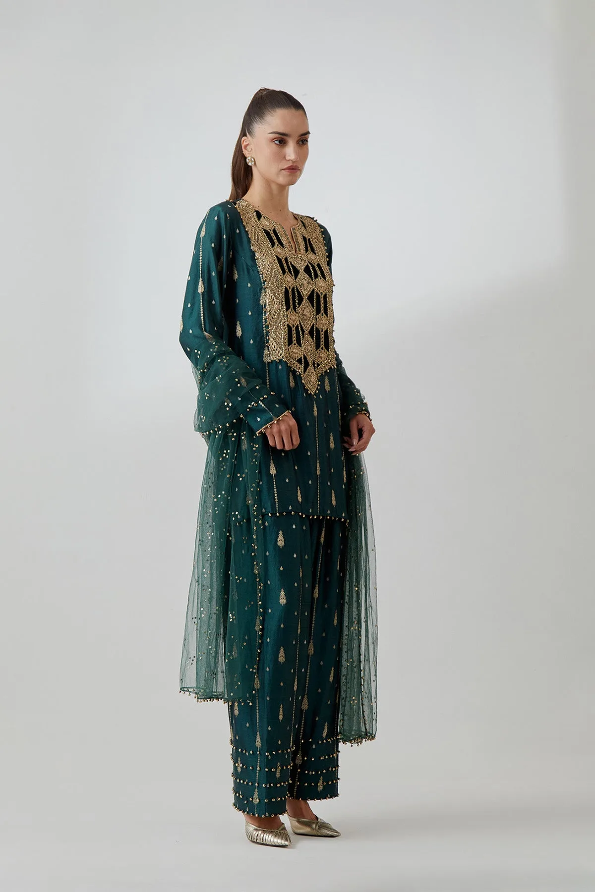 Emerald Green Silk Embroidered Kurta With Farshi Salwar And Mukaish Net Dupatta by Payal Singhal, view 2