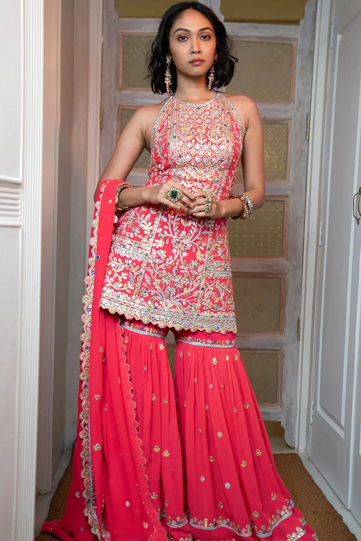 Hot Pink Georgette Halter Style Gharara Set by Tamanna Punjabi Kapoor