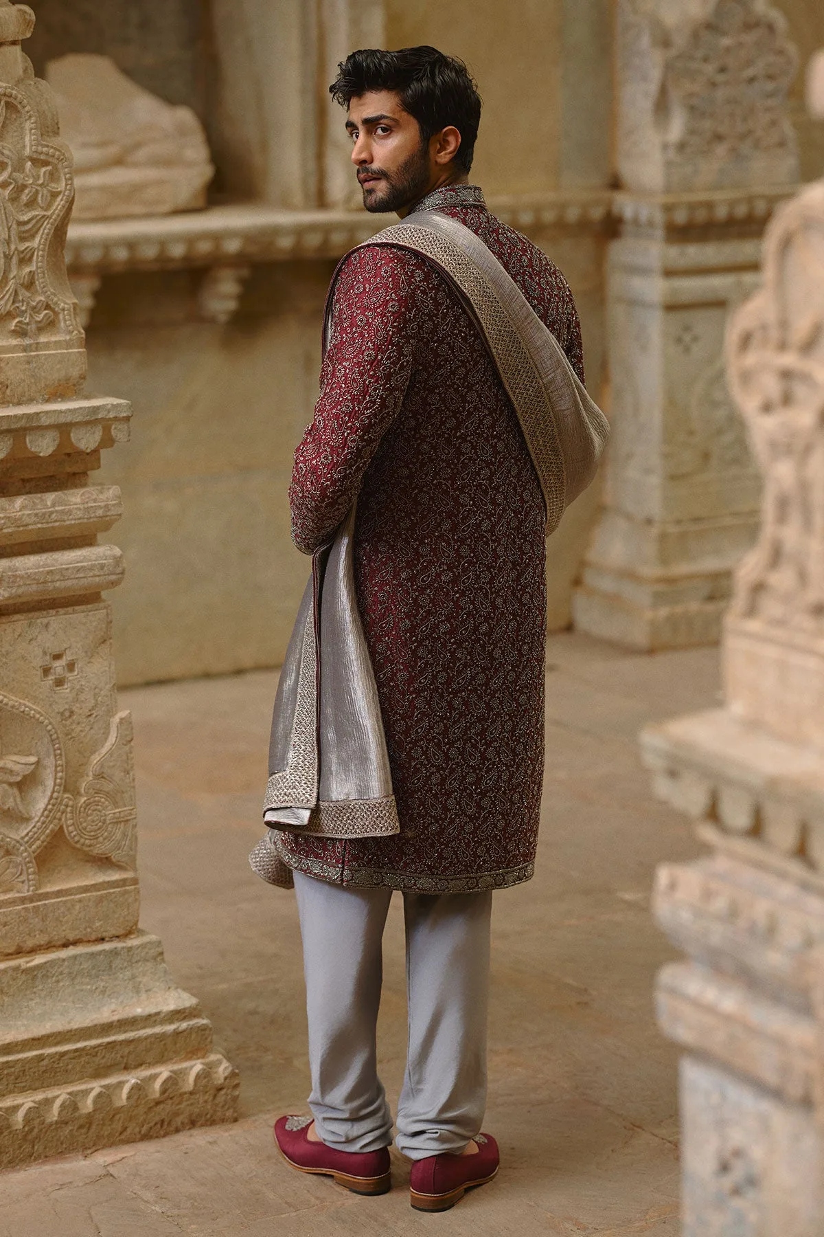 Burgundy Sherwani Set by Nitika Gujral, view 4
