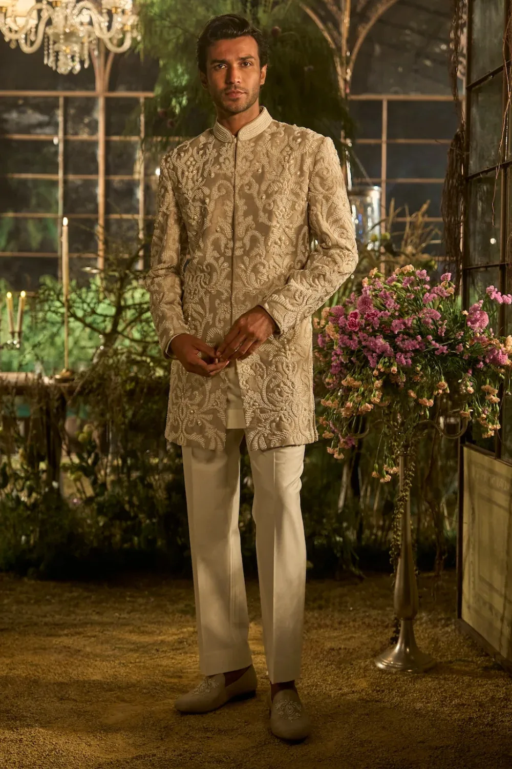 Champagne Pearl Sherwani Set by Seema Gujral